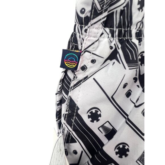 Kanalei Bay NWT Cassette Print Mens Swim Shorts L Black White Lined Beach Summer - Picture 8 of 10